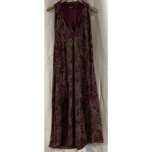 Lauren‎ Ralph Lauren Maxi Gown Sleeveless Sz 18 Red Paisley Banded Collar w/Tie